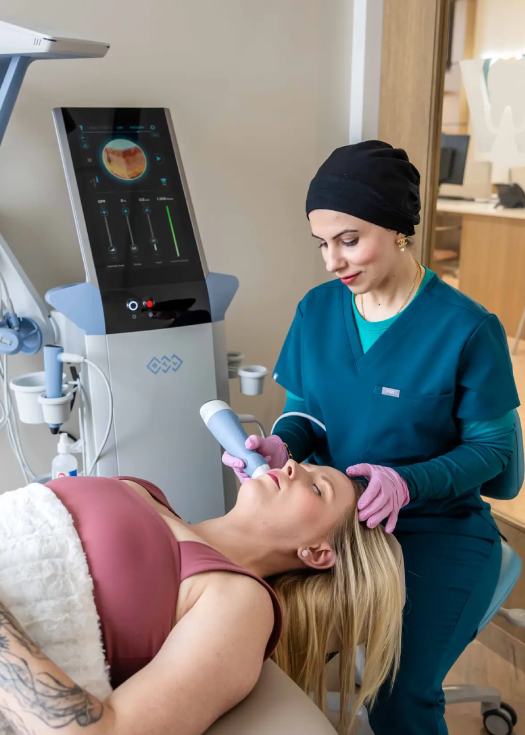 A facial treatment in progress with the medical aesthetician