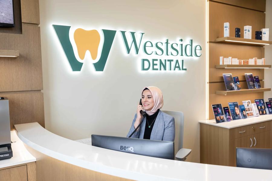 The Westside front desk with the clinic sign