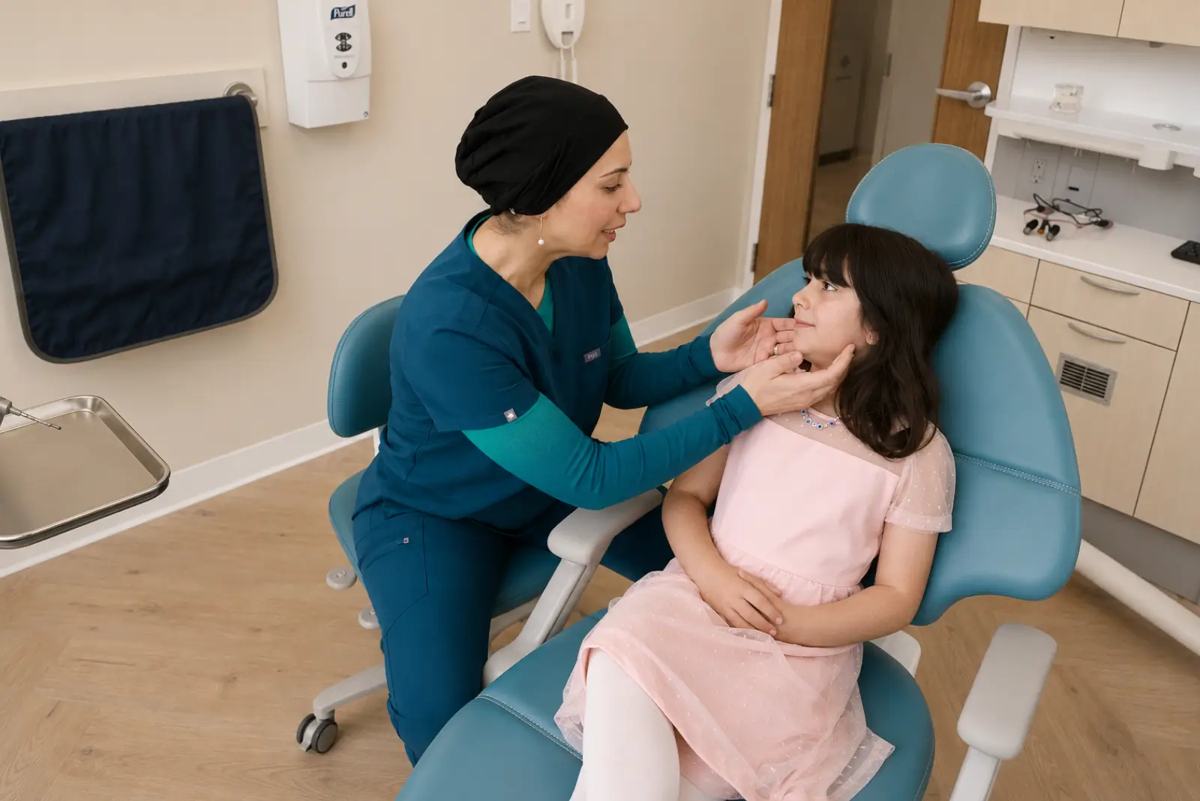 Dr. Zubaida Hussain assessing a child's mouth and airway at Westside, Calgary SW